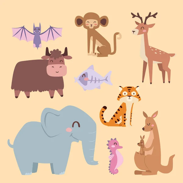 Animales de dibujos animados zoológico lindo aislado fauna divertida aprender lenguaje lindo y naturaleza tropical safari mamífero selva personajes altos vector ilustración . — Vector de stock