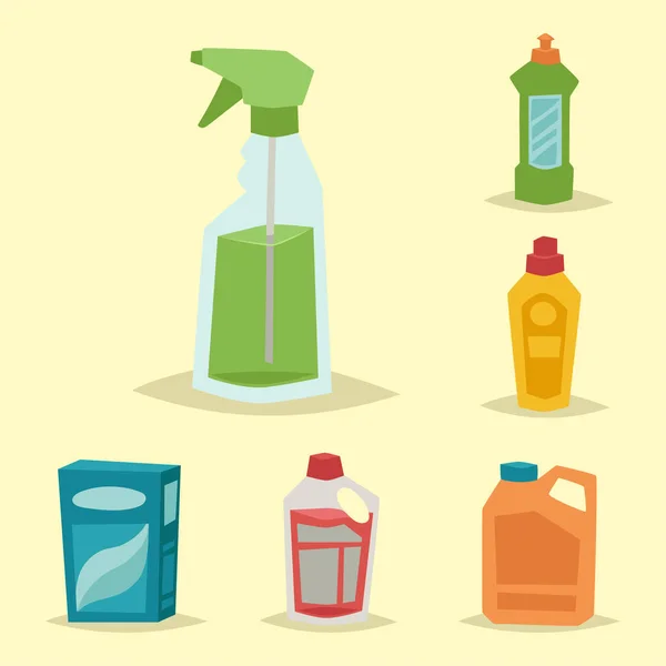 Tisztító üveg vegyi házimunka termék ellátás mossa berendezés tisztító folyadék lapos vektoros illusztráció. — Stock Vector