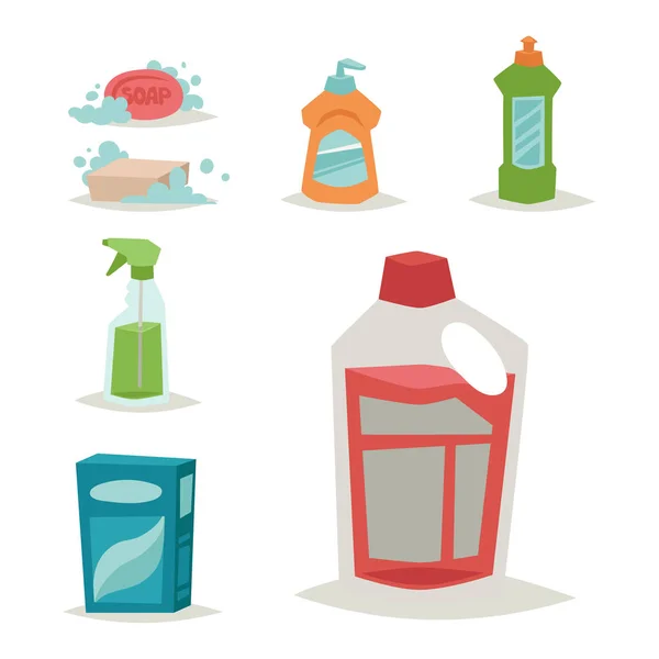 Limpiador botella química tareas domésticas producto cuidado lavado equipo limpieza líquido plana vector ilustración . — Vector de stock