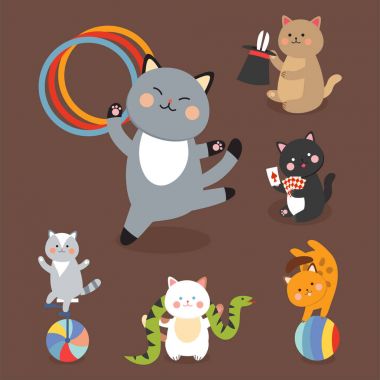 Sirk kedi memeli oynarken küçük yerli çizgi film hayvanlarla çocuklar için neşeli illüstrasyon vektör