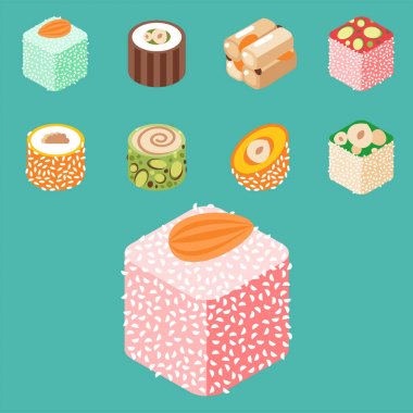 Doğu lezzetli tatlı tatlılar gıda şekerleme ev yapımı ürün yelpazesine vektör illüstrasyon izole