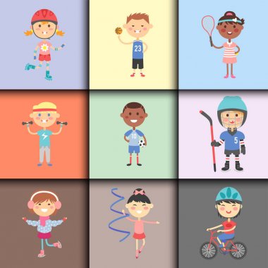 Genç sportsmens gelecekteki tekerlekli paten jimnastik çocuklar spor oyuncular vektör çizim çocuklar.