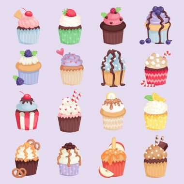 Sevimli vektör cupcakes ve kekler izole illüstrasyon kümesi