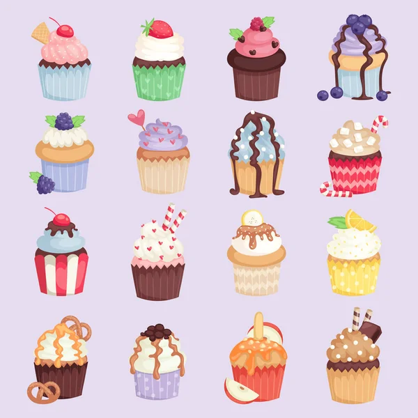 Set cupcakes vektor lucu dan ilustrasi terisolasi muffin - Stok Vektor