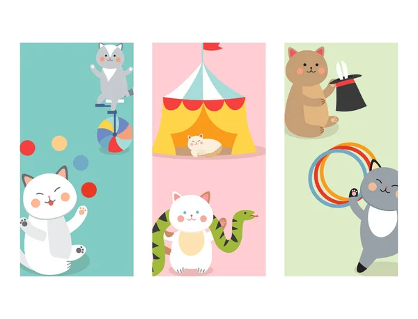 Zirkuskatzen Karten Vektor fröhliche Illustration für Kinder mit kleinen häuslichen Cartoon Tiere spielen Säugetier — Stockvektor