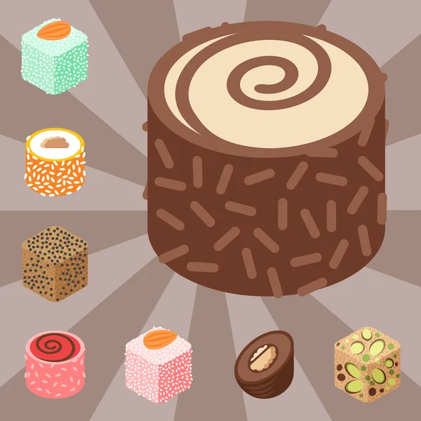 Oriente delicioso postre aislado dulces alimentos confitería surtido casero vector ilustración — Vector de stock