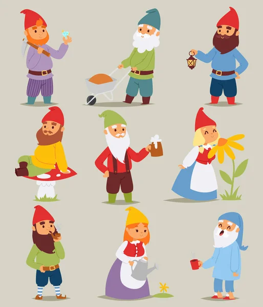 Gnome jardim conjunto engraçado pequenos personagens bonito conto de fadas anão homem e mulher em boné desenho animado vetor ilustração . —  Vetores de Stock