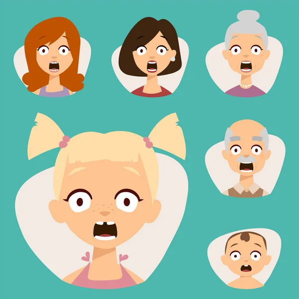 Vector conjunto hermoso emoticonos cara de la gente miedo sorpresa avatares personajes ilustración — Archivo Imágenes Vectoriales