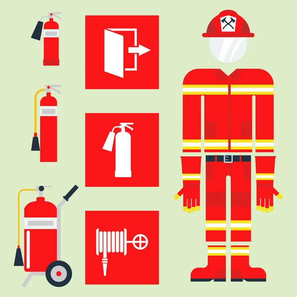 Equipo de seguridad contra incendios herramientas de emergencia bombero seguro peligro protección contra accidentes vector ilustración . — Vector de stock