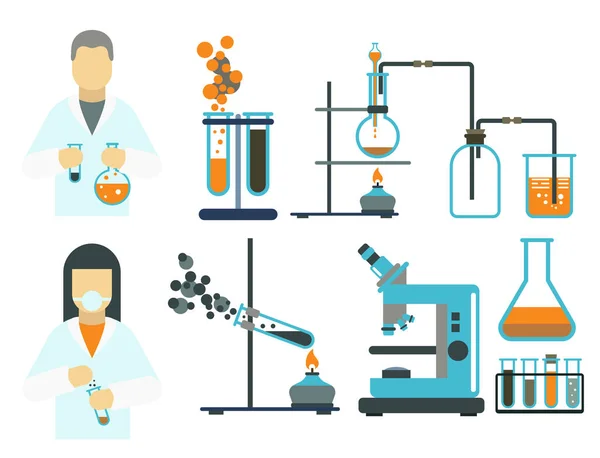 Símbolos de laboratorio prueba laboratorio médico biología científica diseño ciencia química iconos vector ilustración . — Vector de stock