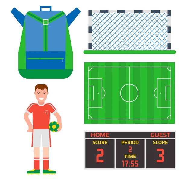 Fotbal fotbalové ikony hráče trophy konkurence hry skóre vítězství hrát plochý design sport vektorové ilustrace — Stockový vektor