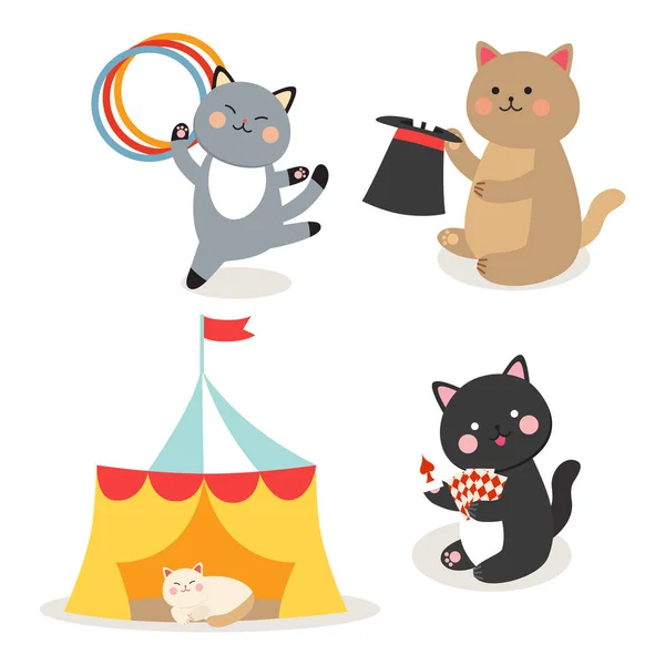 Circo gatos vector alegre ilustración para niños con poco doméstico dibujos animados animales jugando mamífero — Vector de stock