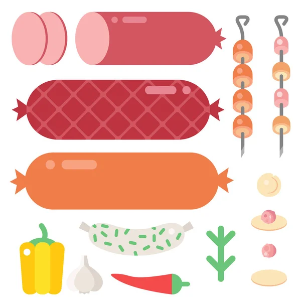 Productos cárnicos ingrediente y elementos rústicos equipo de preparación alimentos vector plano ilustración . — Archivo Imágenes Vectoriales