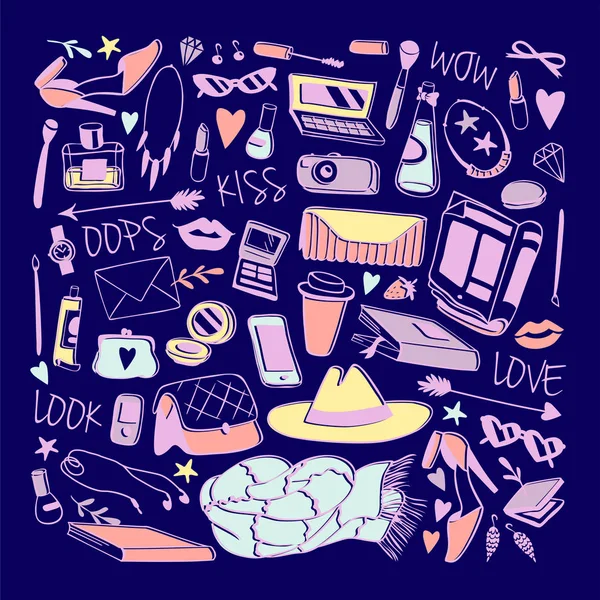 Moda menina acessórios todos os dias emblemas de patch ícones mão desenhado estilo doodle ekement vetor definido . — Vetor de Stock