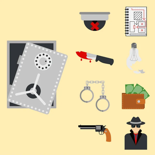 Iconos del crimen ley de protección justicia signo seguridad policía arma delito delito transgresión plana vector ilustración — Archivo Imágenes Vectoriales