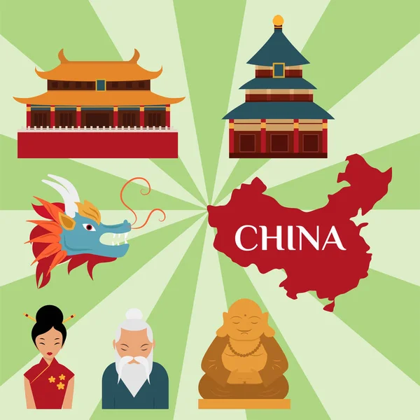 Chinês asiático oriental decoração sightseeing festival ouro antigo tradicional cultura vetor ilustração . — Vetor de Stock