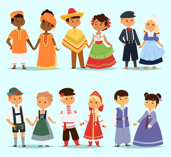 Lttle děti děti páry charakter světové šaty dívek a chlapců v různých tradičních krojů a roztomilý národnosti šaty vektorové ilustrace. — Stockový vektor