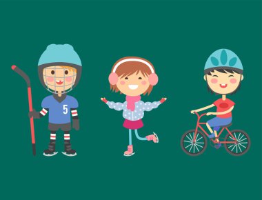 Genç sportsmens gelecekteki tekerlekli paten jimnastik çocuklar spor oyuncular vektör çizim çocuklar.