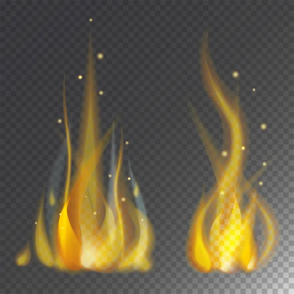 Fuego llama caliente quemadura vector icono caliente peligro y cocinar amarillo hoguera luz fuego ardiente fogata . — Vector de stock