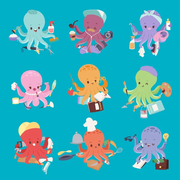 Octopus mollusk ocean coral reef animal character different pose like human and cartoon funny graphic marine life underwater tentacle vector illustration. — Stock Vector