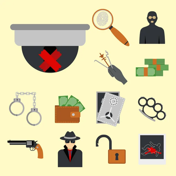 Iconos del crimen ley de protección justicia signo seguridad policía arma delito delito transgresión plana vector ilustración — Archivo Imágenes Vectoriales