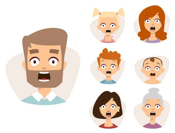 Conjunto de vetores belos emoticons rosto de pessoas temem choque surpresa avatares personagens ilustração —  Vetores de Stock