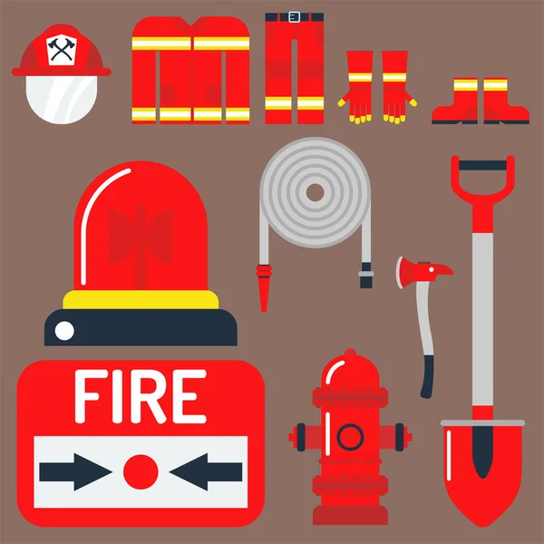 Brand veiligheid apparatuur emergency tools brandweerman veilige gevaar ongeval bescherming vectorillustratie. — Stockvector