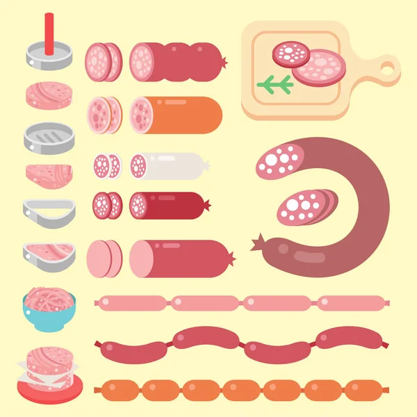 Produits de viande ingrédients et éléments rustiques équipement de préparation alimentaire illustration vectorielle plate . — Image vectorielle