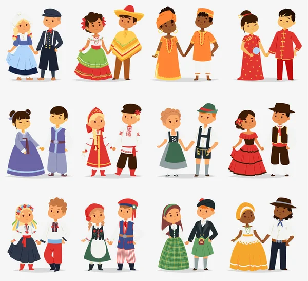 Lttle kids children couples character of world dress girls and boys in different traditional national costumes and cute nationality dress vector illustration. — Stock Vector