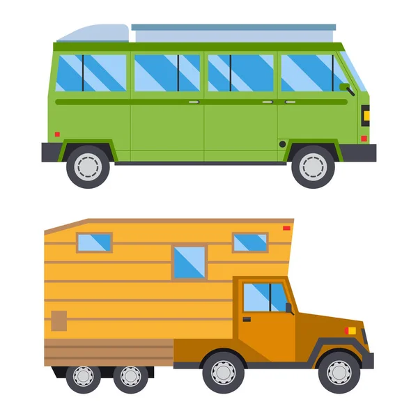 Camper vacanza viaggio auto estate natura vacanza rimorchio casa vettore illustrazione piatto trasporto — Vettoriale Stock