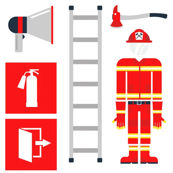 Ogień bezpieczeństwa sprzętu narzędzia nadzwyczajne strażak bezpieczne niebezpieczeństwo wypadku ochrony ilustracja wektorowa. — Wektor stockowy