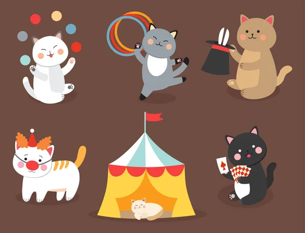 Цирковые кошки векторные веселые иллюстрации для детей с маленькими домашними мультяшными животными, играющих млекопитающих — стоковый вектор
