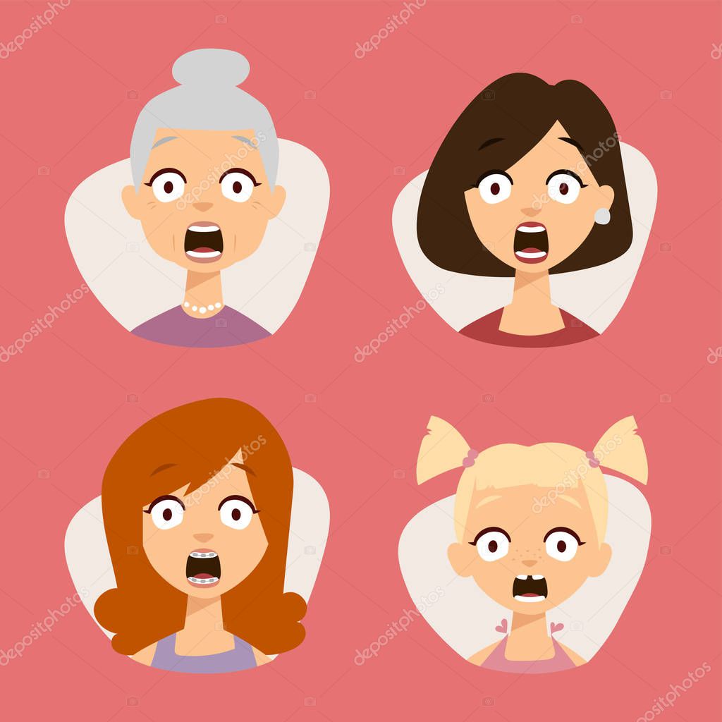 Vector set beautiful emoticons face of people fear shock surprise avatars characters illustration