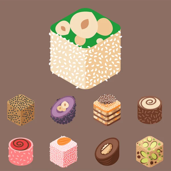 Oriente delicioso postre aislado dulces alimentos confitería surtido casero vector ilustración — Vector de stock