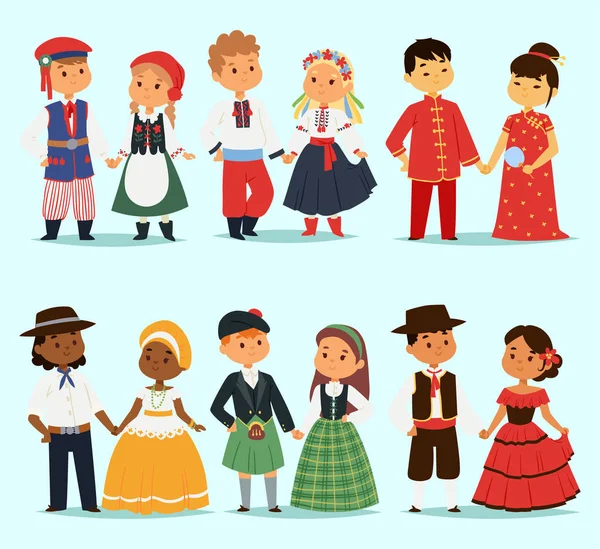 Crianças tradicionais casais personagem de meninas vestido do mundo e meninos em diferentes trajes nacionais e bonitinho crianças nacionalidade vestido vetor ilustração . — Vetor de Stock