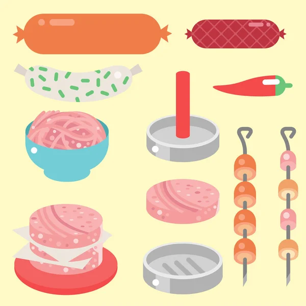Productos cárnicos ingrediente y elementos rústicos equipo de preparación alimentos vector plano ilustración . — Vector de stock