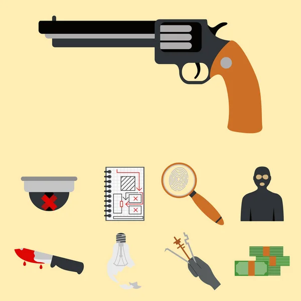 Icone del crimine protezione legge giustizia segno sicurezza polizia pistola reato reato trasgressione piatto vettore illustrazione — Vettoriale Stock