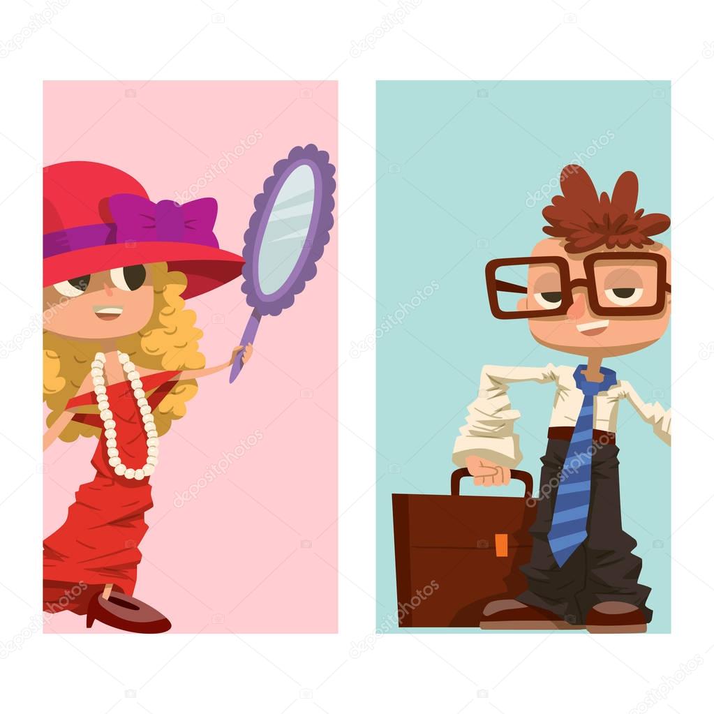 Happy boy and girl cards child young kids dressed like grown man and woman character vector illustration