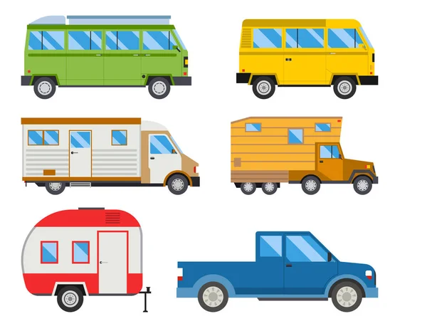 Campers vacaciones viaje coche verano naturaleza vacaciones remolque casa vector ilustración transporte plano — Vector de stock