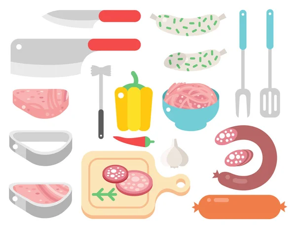 Productos cárnicos ingrediente y elementos rústicos equipo de preparación alimentos vector plano ilustración . — Vector de stock