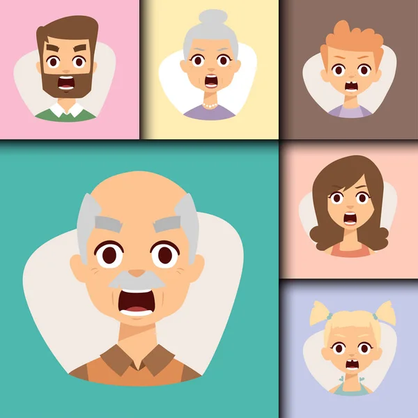Vector conjunto enojado emoticonos cara de la gente miedo sorpresa avatares personajes ilustración — Vector de stock