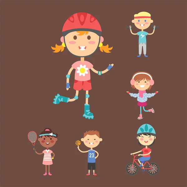 Bambini sportivi futuri pattini a rotelle ginnastica bambini sport giocatori vettore illustrazione . — Vettoriale Stock