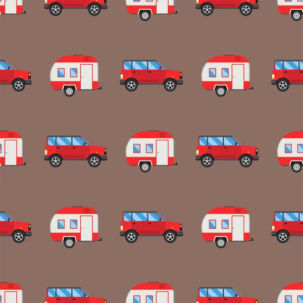 Campers férias viagem carro verão sem costura padrão reboque casa vetor ilustração plana transporte —  Vetores de Stock