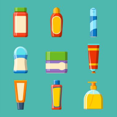 Banyo plastik şişe şampuan konteyner duş düz stil gösterim amacıyla banyo vektör hijyen tasarımı.