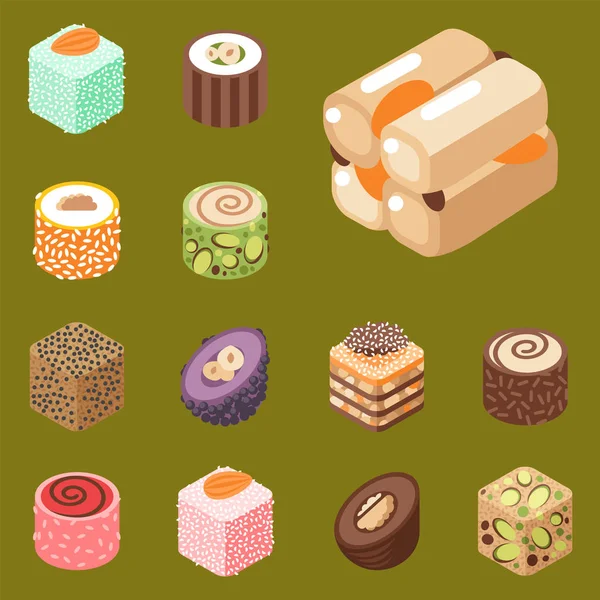 Kelet-finom desszert édesség élelmiszer cukrászda házi választék vektoros illusztráció elszigetelt — Stock Vector