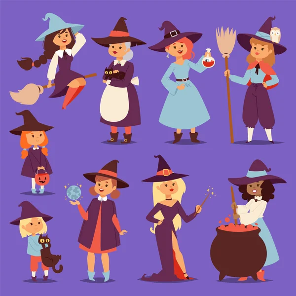 Linda bruja pequeña bruja harridan vixen con escoba gato de dibujos animados para imprimir en bolsa mágica tarjeta de Halloween fantasía chicas jóvenes traje sombrero vector ilustración . — Vector de stock
