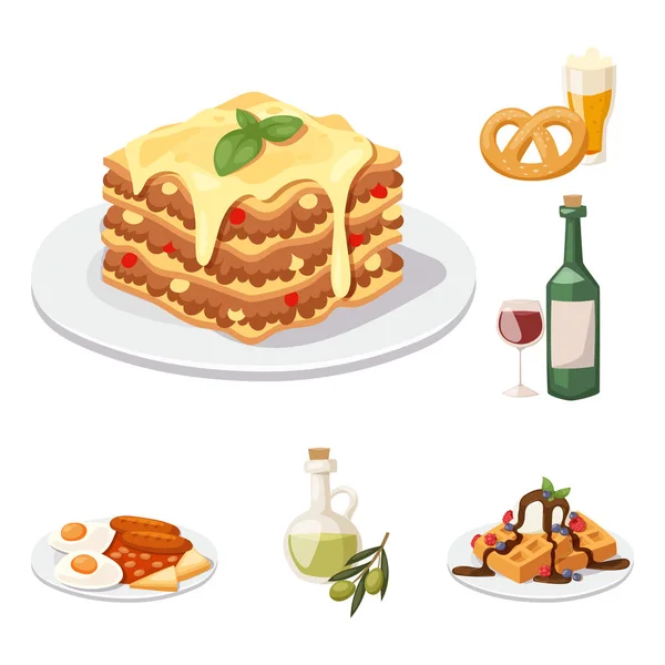 Europese smakelijk voedsel keuken diner eten met heerlijke elementen platte vectorillustratie. — Stockvector