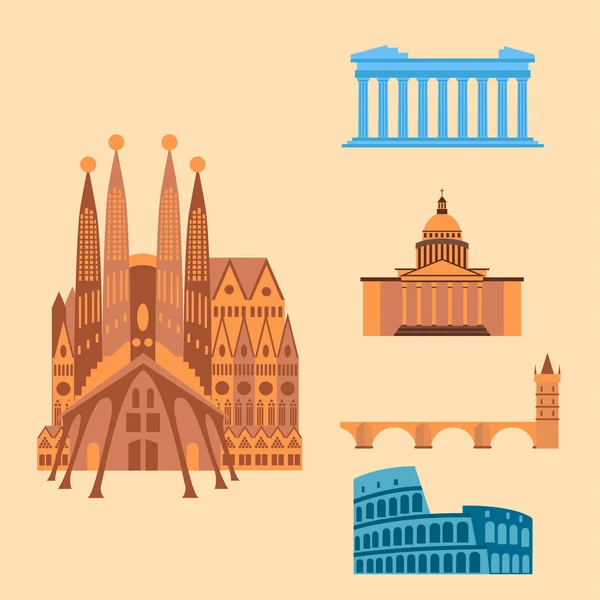 Euro reis toerisme reizen ontwerp beroemd gebouw en euro avontuur internationale vectorillustratie. — Stockvector