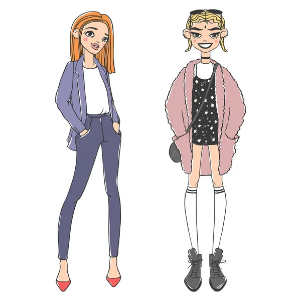 Mode look fille belle fille femme jolie jeune modèle style dame personnage vectoriel illustration — Image vectorielle