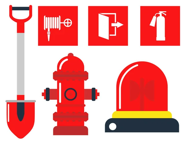 Yangın emniyet donanımları acil durum araçları itfaiye güvenli tehlike kaza koruma vektör çizim. — Stok Vektör